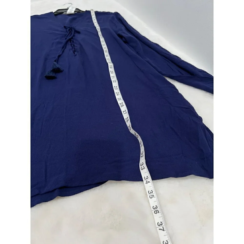 New La Blanca Size L V-Neck Cover-Up Tunic Dress Pockets tassel trim Navy Blue